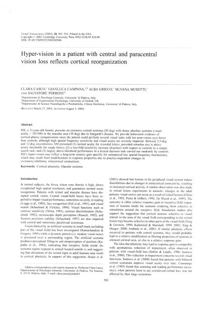 Hyper-vision in a patient with central and paracentral vision loss reflects cortical reorganization